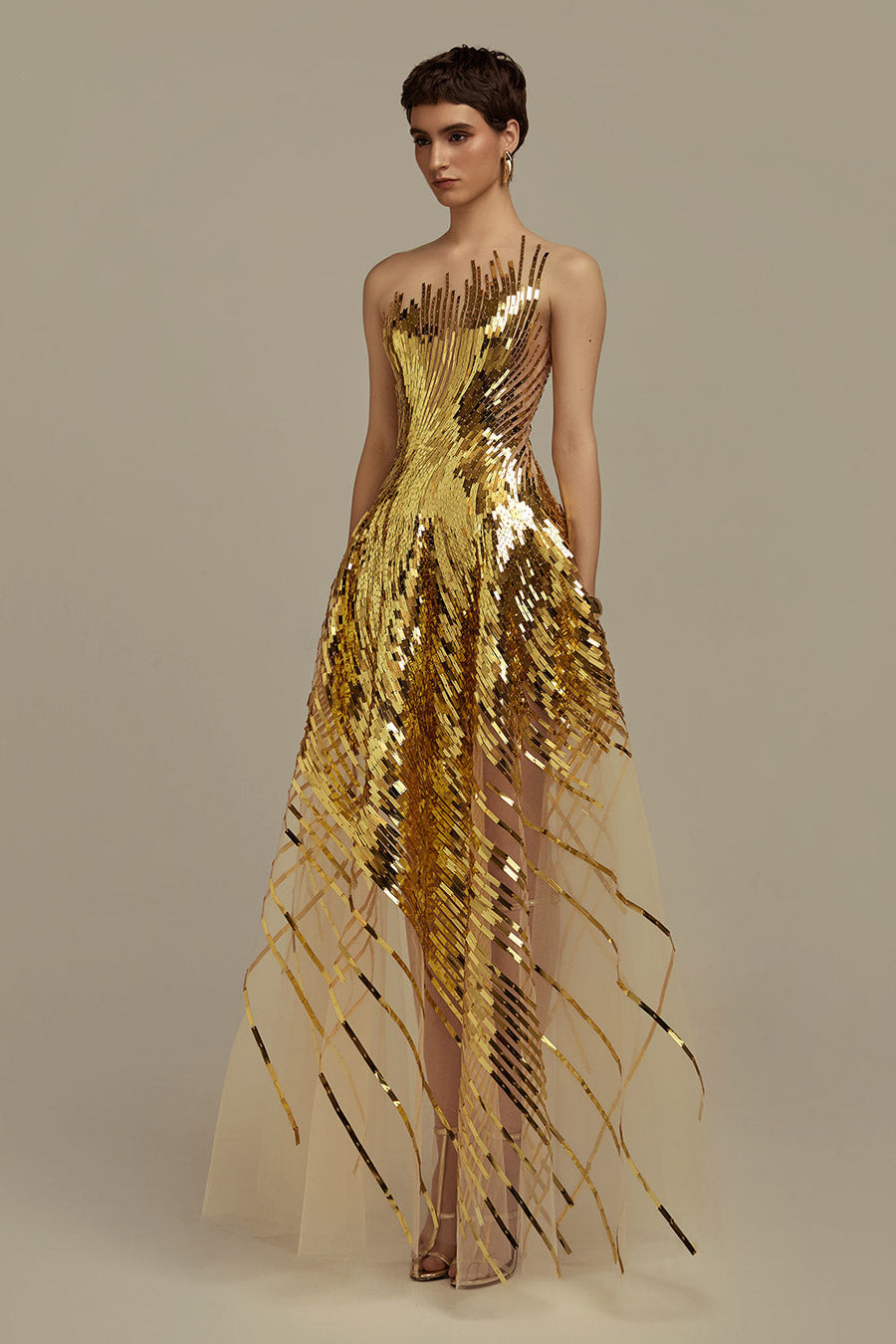 Lustre A-Line Illusion Neck Mesh Floor Length Dress Gold Gown Dress POEM