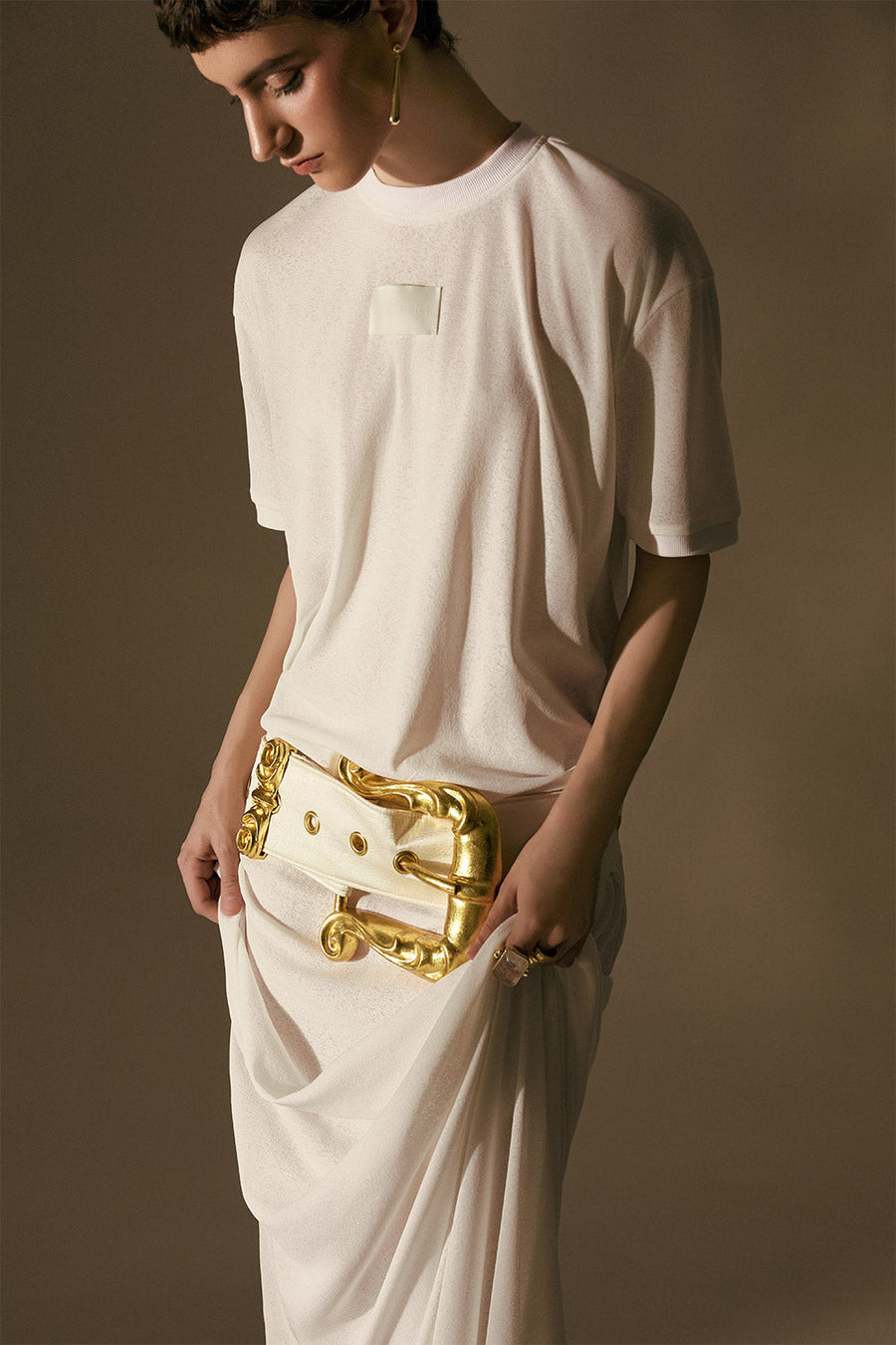 Aurora Blouson Belt Strap Jersey Floor Length Dress White Maxi Dress POEM
