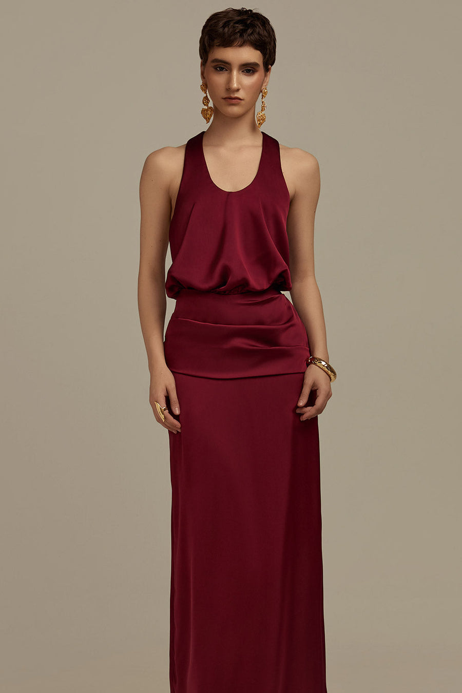Hesperus Blouson Scoop Neck Silk Floor Length Dress Red Maxi Dress POEM