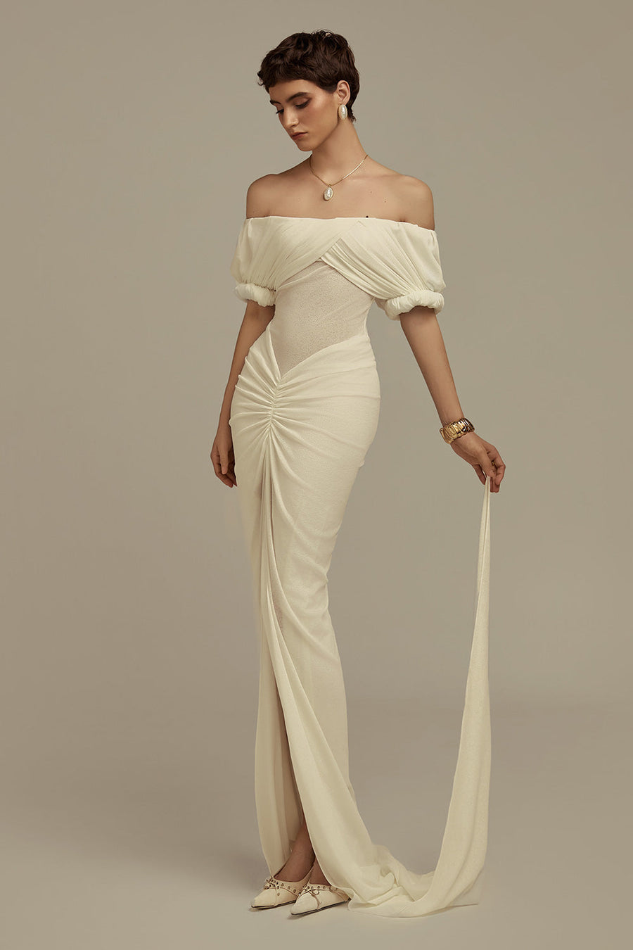 Hemera Hourglass Front Slit Jersey Floor Length Dress White Gown Dress POEM