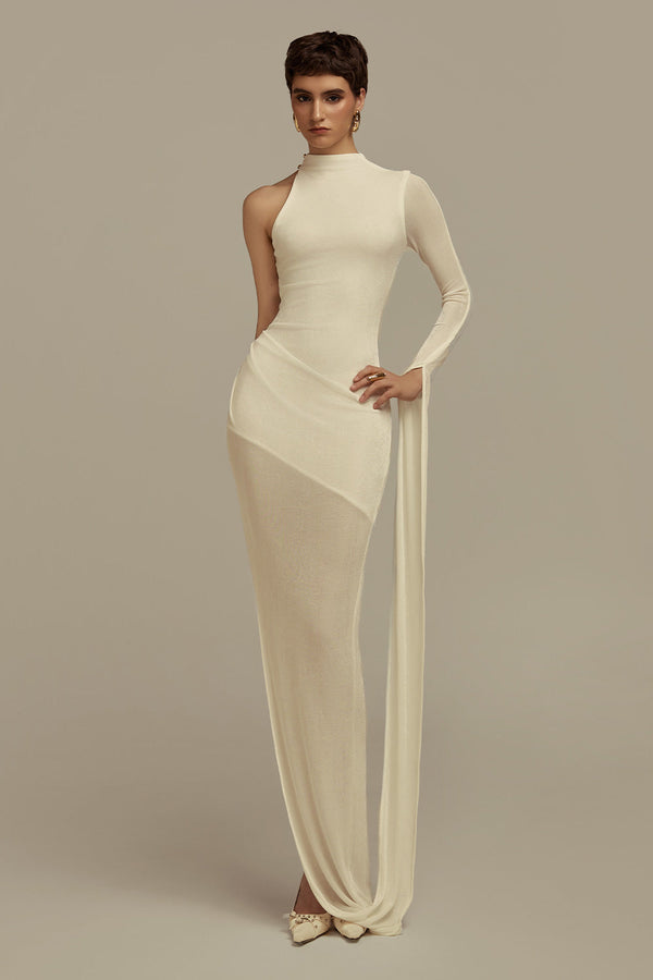 Hyperion Hourglass Asymmetric Sleeved Jersey Floor Length Dress