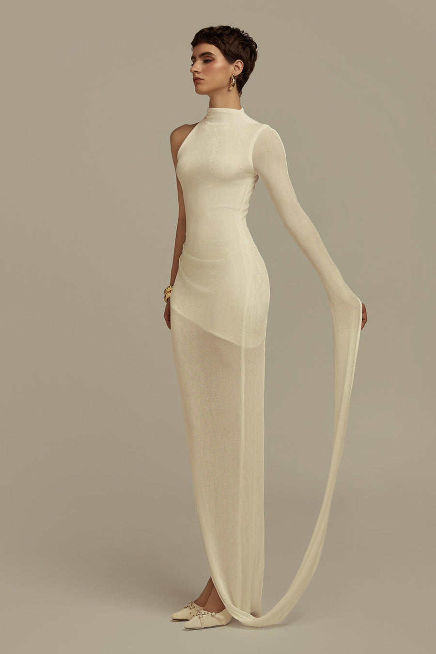 Hyperion Hourglass Asymmetric Sleeved Jersey Floor Length Dress Gown Dress POEM