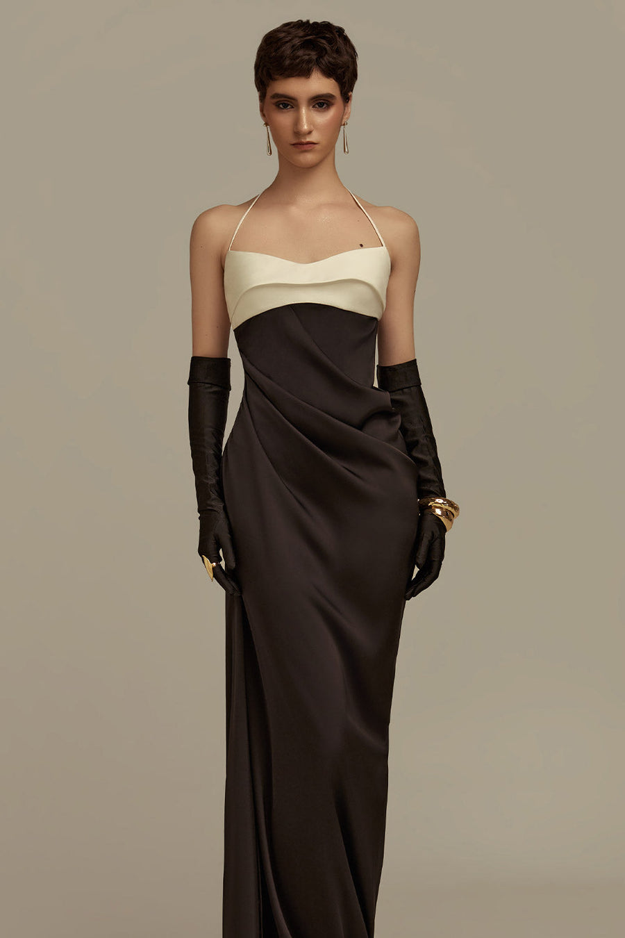 Nyx Sheath Halter Neck Silk Floor Length Dress Black Gown Dress POEM