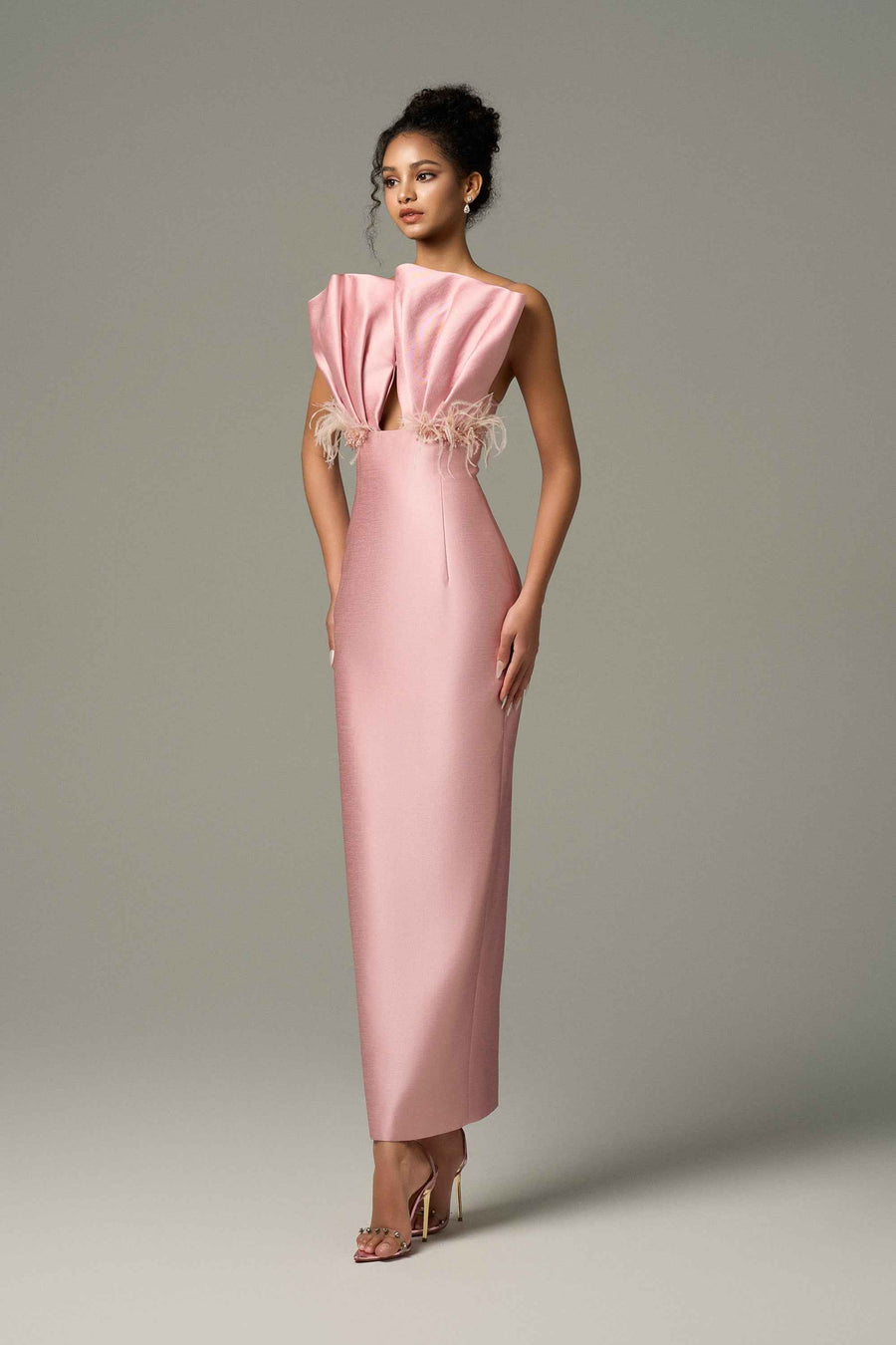 Seeshell Plume Feather & Crystal Embellished Maxi Dress With Draped Bust Cup