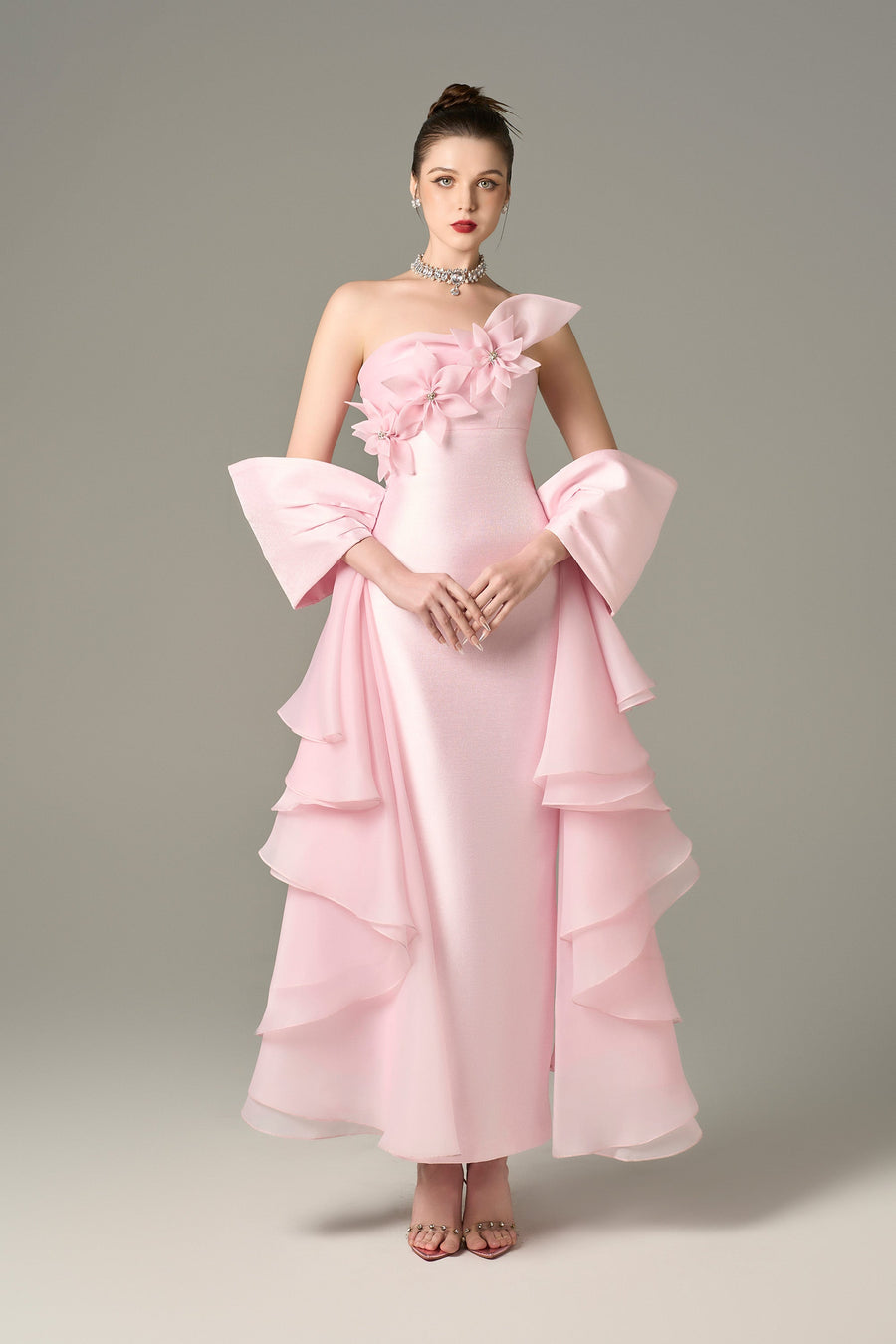 Ornate Pleated Gown with Handcrafted Flowers 1