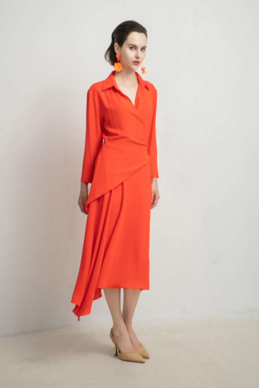 Sloane Asymmetric Side Pleated Silk Midi Dress 6