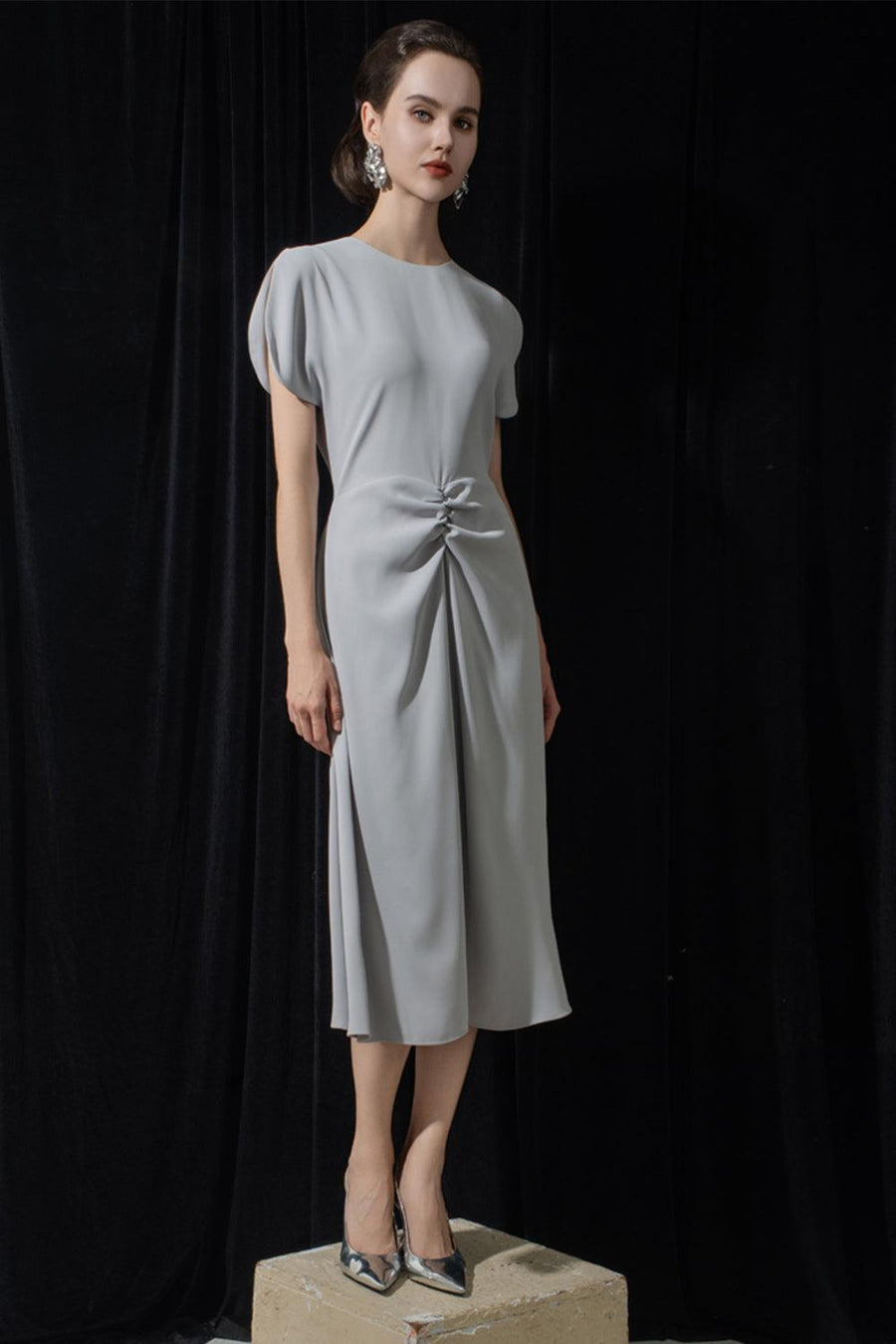 Angelique A-line Split Sleeved Silk Midi Dress 12