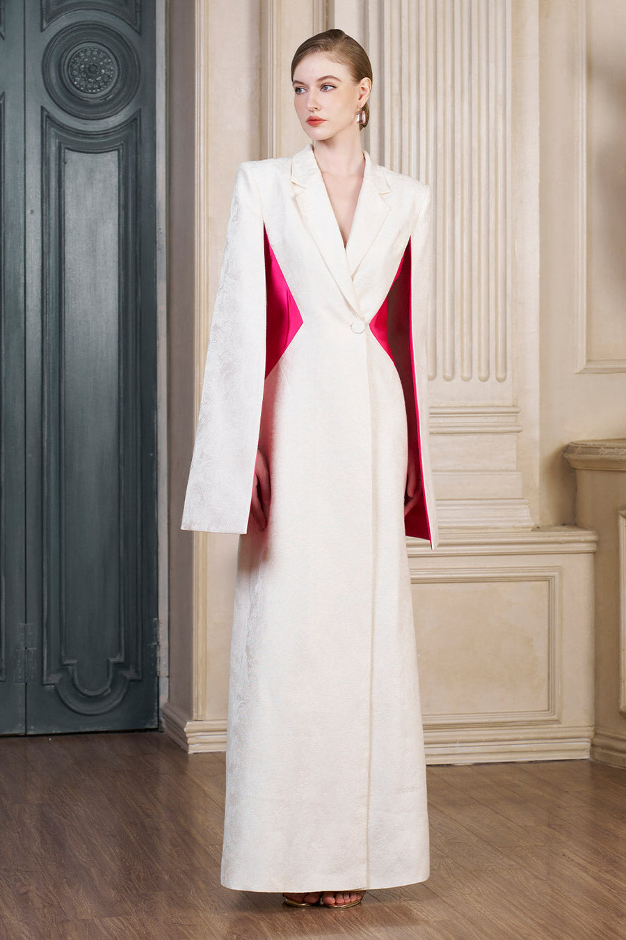 Abigail A-line Cape Sleeved Brocade Silk Floor Length Dress Gown Dress I.H.F Atelier