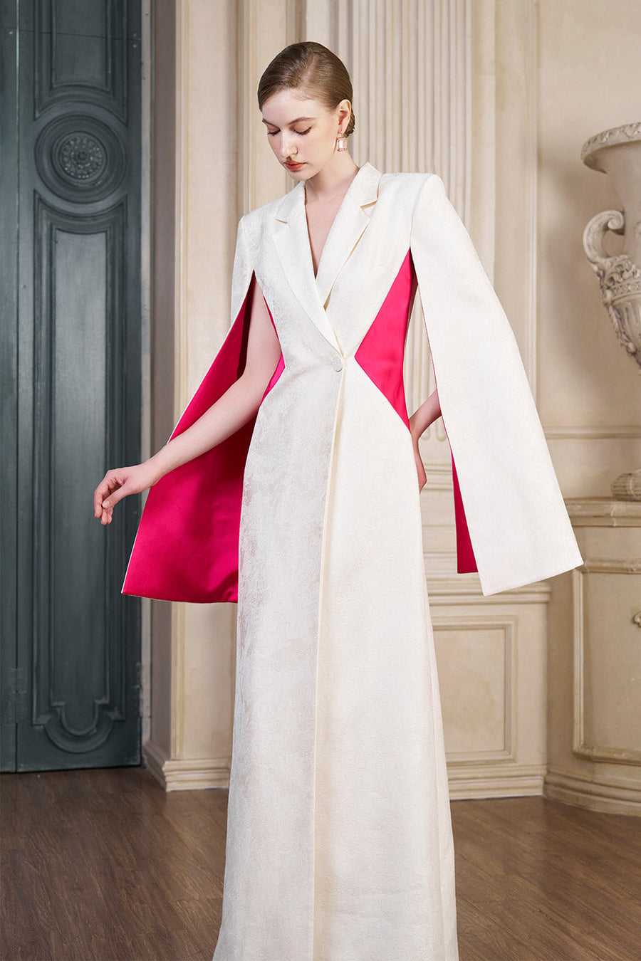 Abigail A-line Cape Sleeved Brocade Silk Floor Length Dress Gown Dress I.H.F Atelier