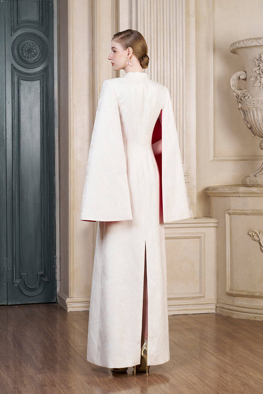 Abigail A-line Cape Sleeved Brocade Silk Floor Length Dress Gown Dress I.H.F Atelier