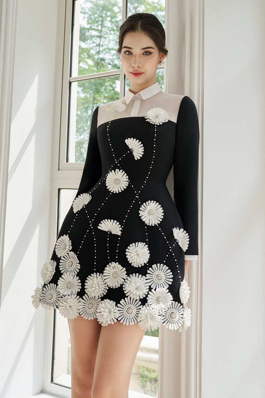 Mallory A-line Flower Applique Twill Mini Dress Mini Dress Rosee de Matin