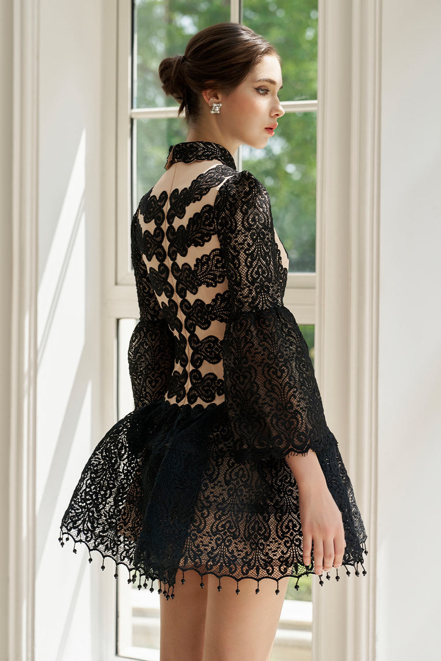 Emberly Fit and Flare Flute Sleeved Mesh Lace Mini Dress Mini Dress Rosee de Matin