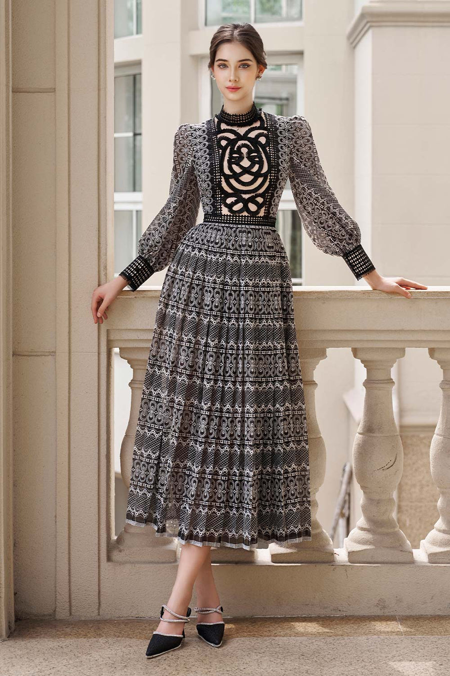 Gabriela Pleated Puffy Sleeved Lace Midi Dress Midi Dress Rosee de Matin