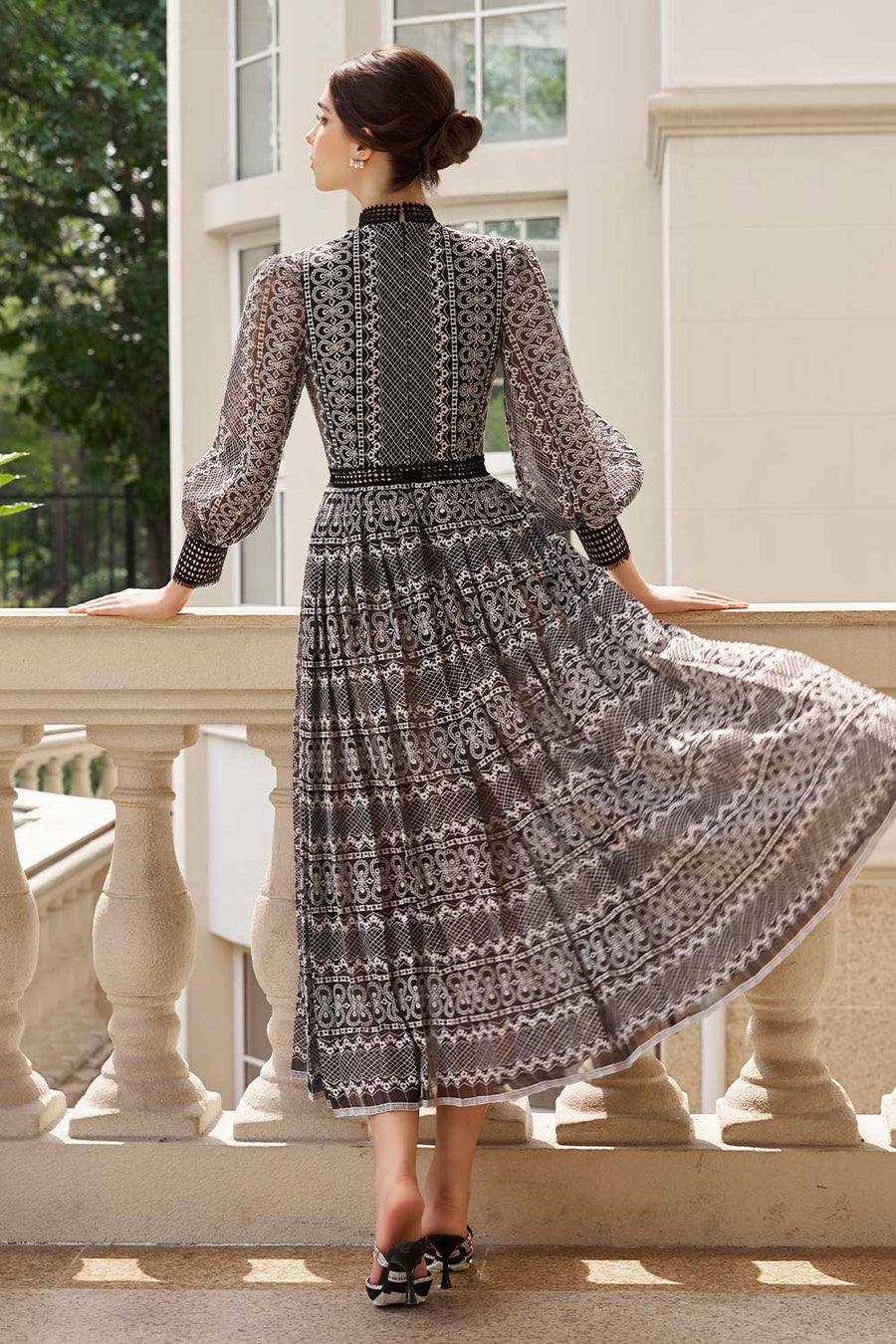 Gabriela Pleated Puffy Sleeved Lace Midi Dress Midi Dress Rosee de Matin