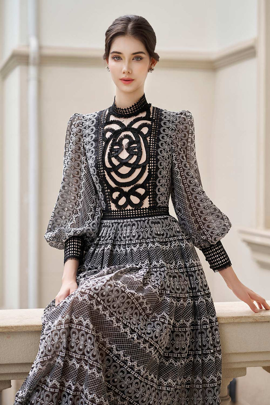 Gabriela Pleated Puffy Sleeved Lace Midi Dress Midi Dress Rosee de Matin