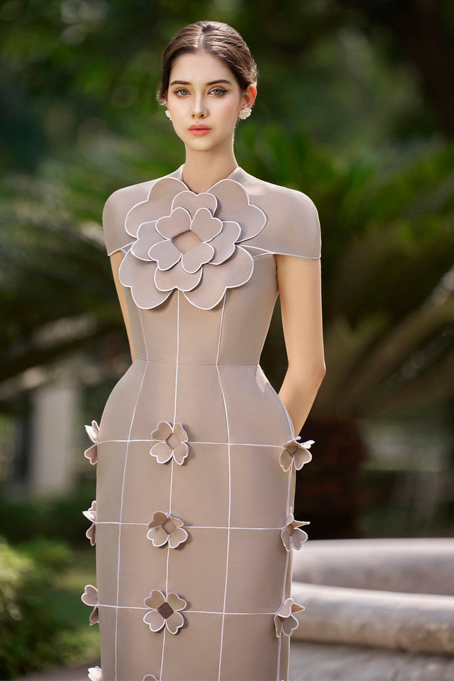 Iliana Pegged Flower Applique Taffeta Calf Length Dress Midi Dress Rosee de Matin