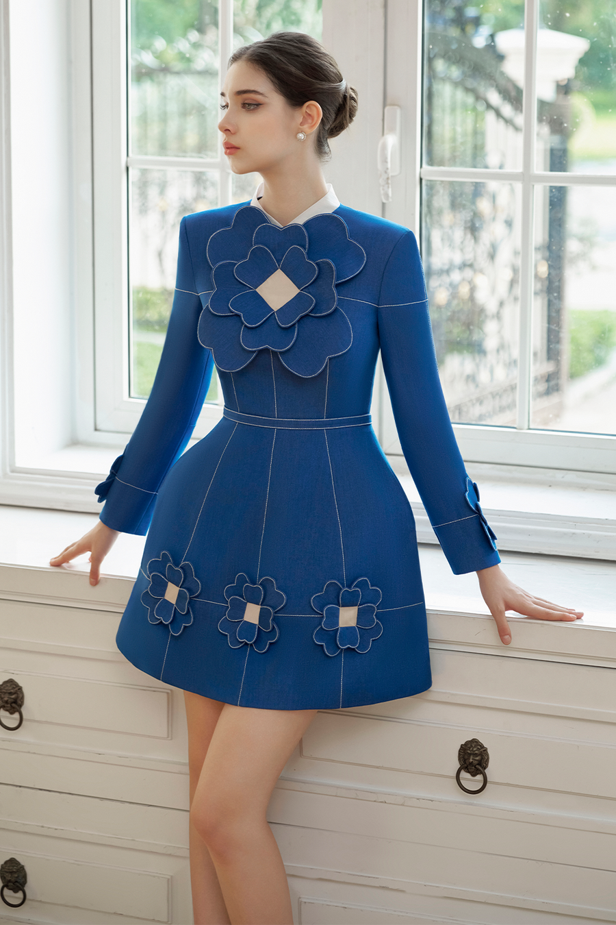 Baylee A-line Long Sleeved Denim Mini Dress Mini Dress Rosee de Matin