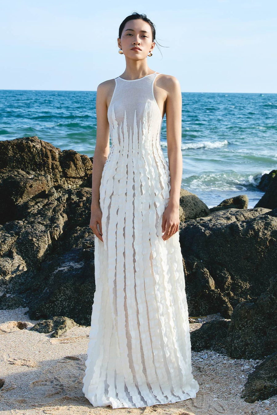 White Seaweed A-line Ruffled Woven Cotton Maxi Dress 6