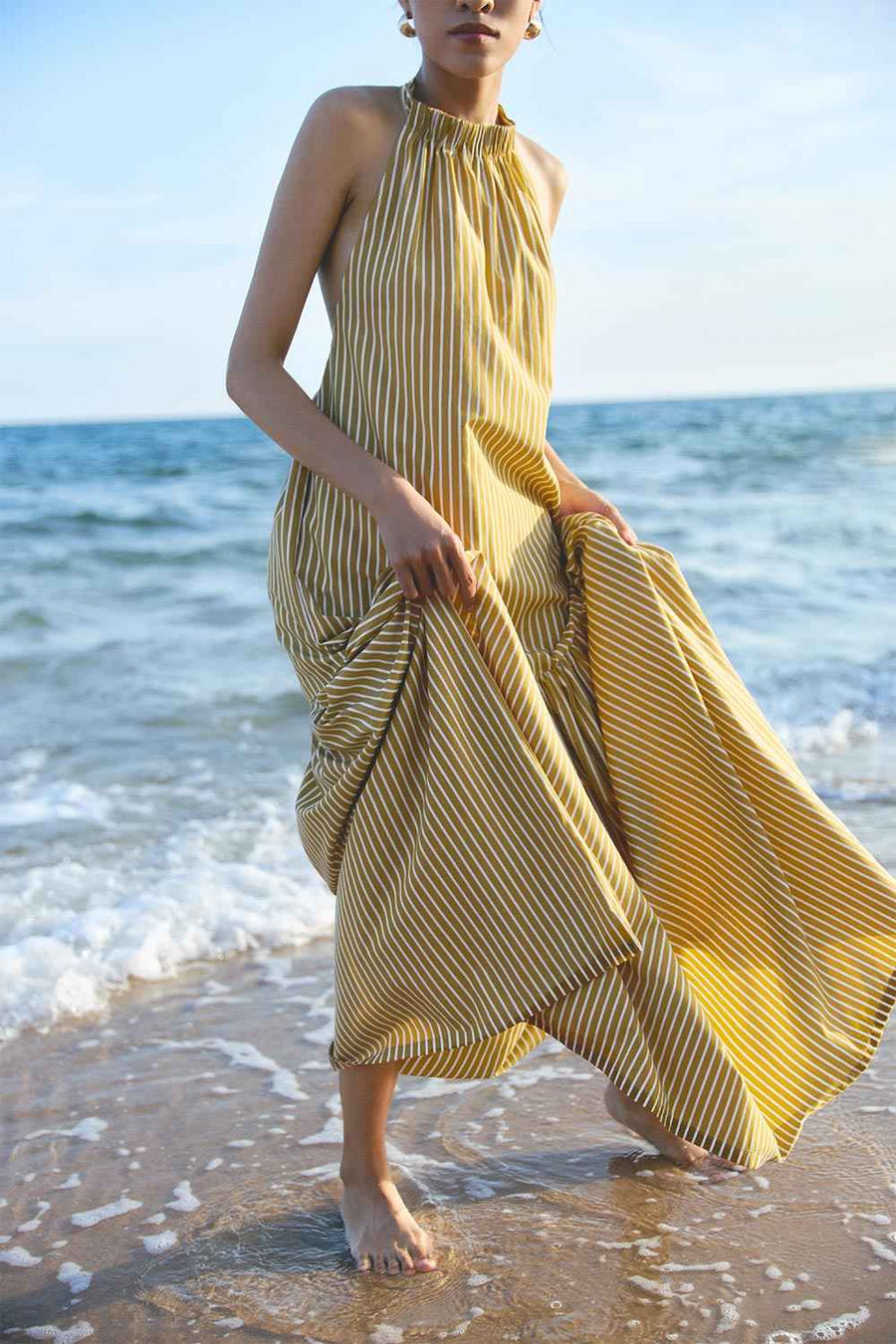Yem Drop Waist Halter Neck Cotton Maxi Dress