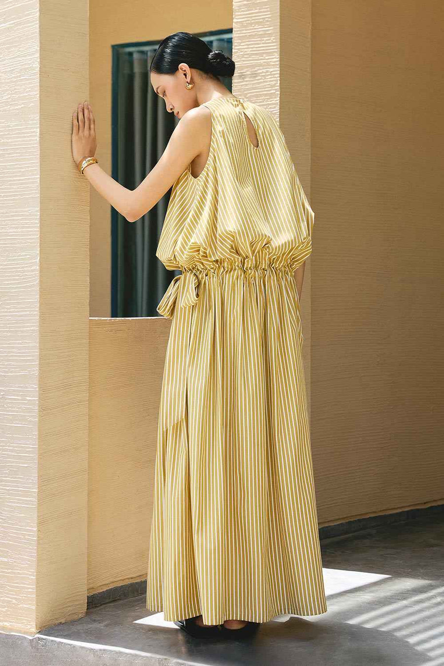 Slipover Blouson Bow Tie Cotton Maxi Dress