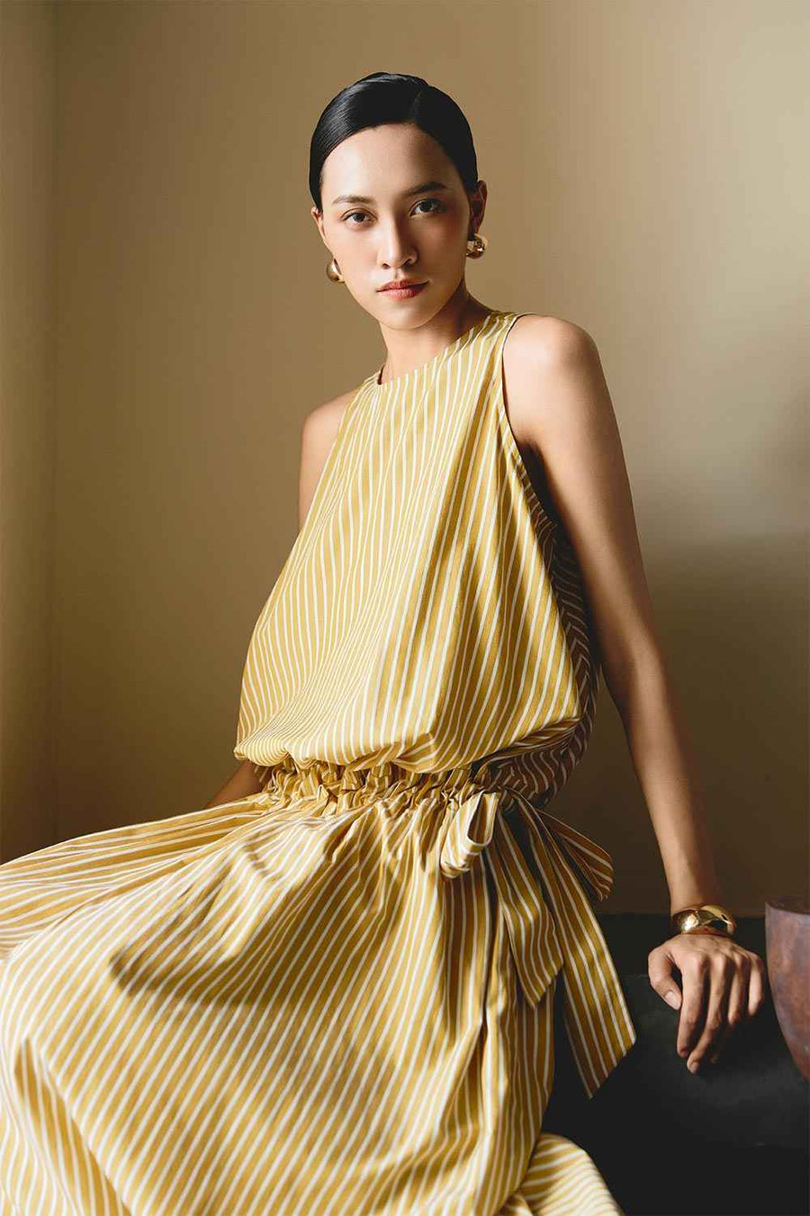 Slipover Blouson Bow Tie Cotton Maxi Dress