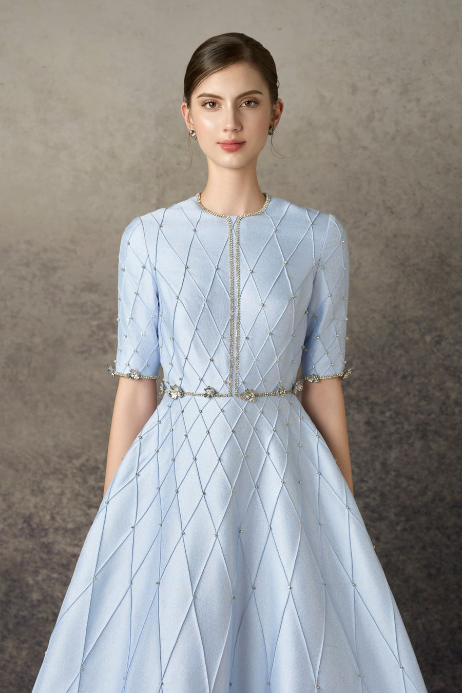 Thalyn A-line Round Neck Taffeta Calf Length Dress 3