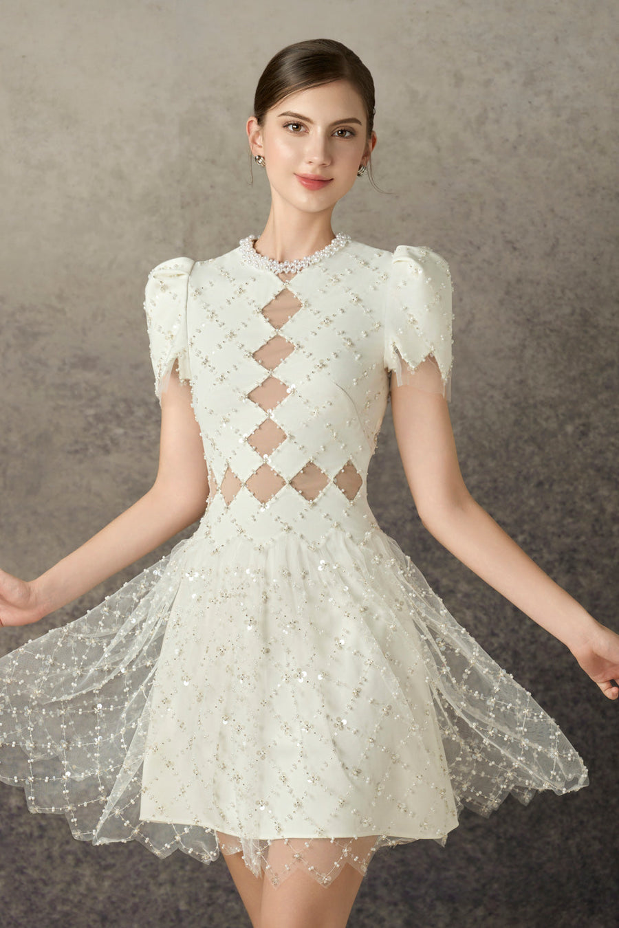 Caelis A-line Puffy Sleeved Mesh Lace Mini Dress 2