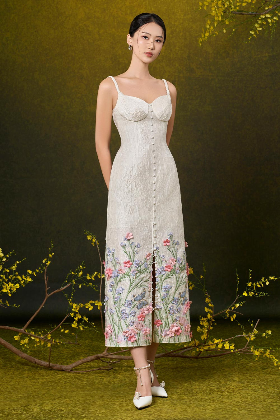 Ivy A-line Strappy Damask Midi Dress Midi Dress Rosee de Matin