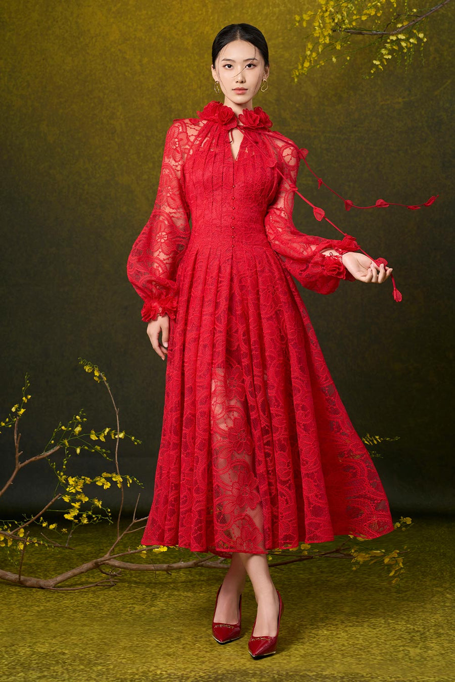 Claire A-line Pleated Lace Midi Dress Midi Dress Rosee de Matin