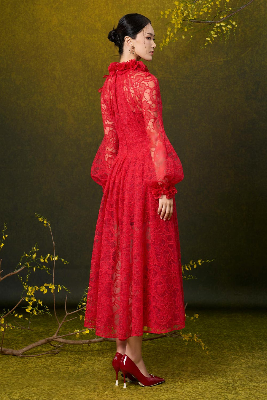 Claire A-line Pleated Lace Midi Dress Midi Dress Rosee de Matin