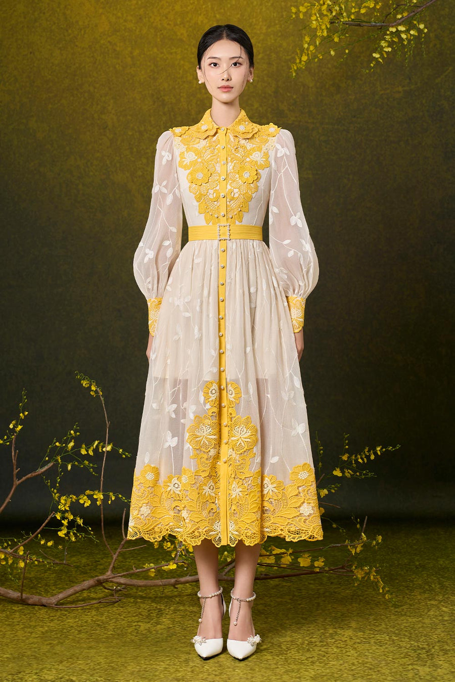 Kimber A-line Bishop Sleeved Silk Lace Midi Dress Midi Dress Rosee de Matin