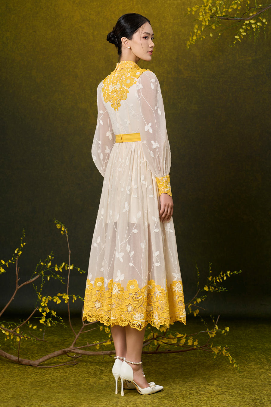 Kimber A-line Bishop Sleeved Silk Lace Midi Dress Midi Dress Rosee de Matin