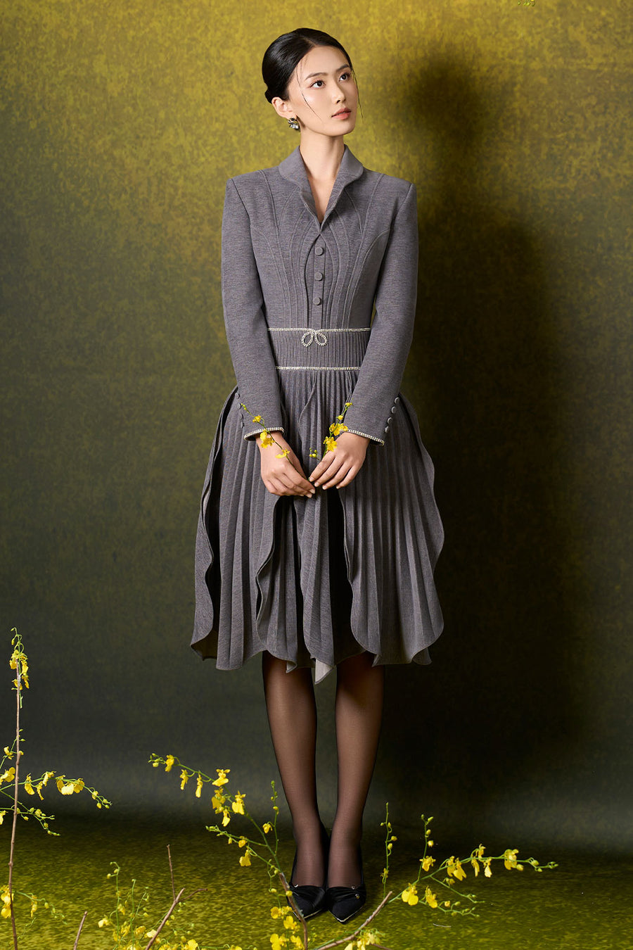 Anna A-line Ruffled Velvet Knee-length Dress 4