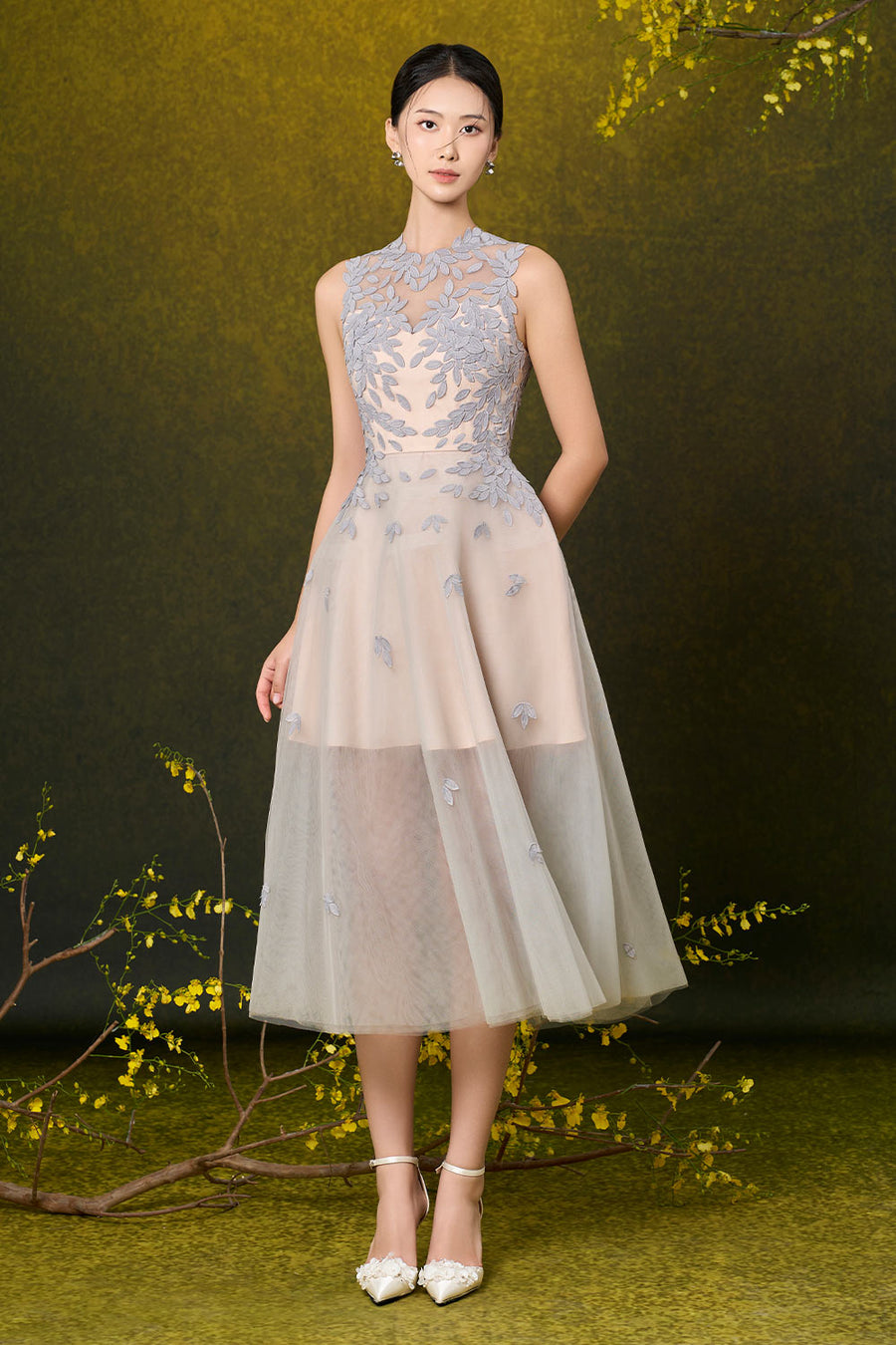 Nellie Fit and Flare Sheer Mesh Lace Calf Length Dress Midi Dress Rosee de Matin