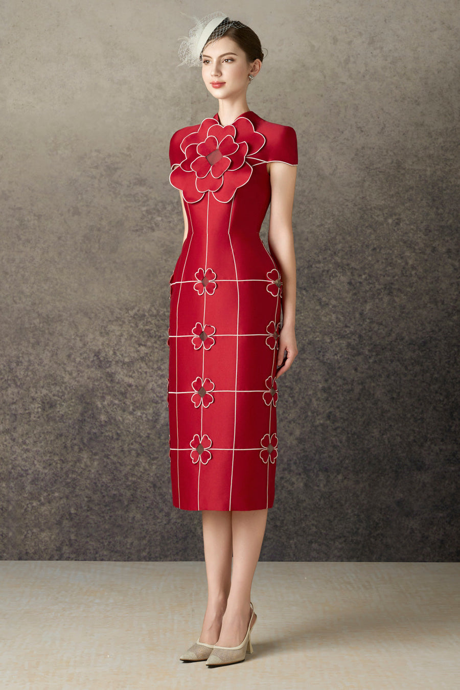 Solenya Pencil Flower Applique Taffeta Midi Dress 4