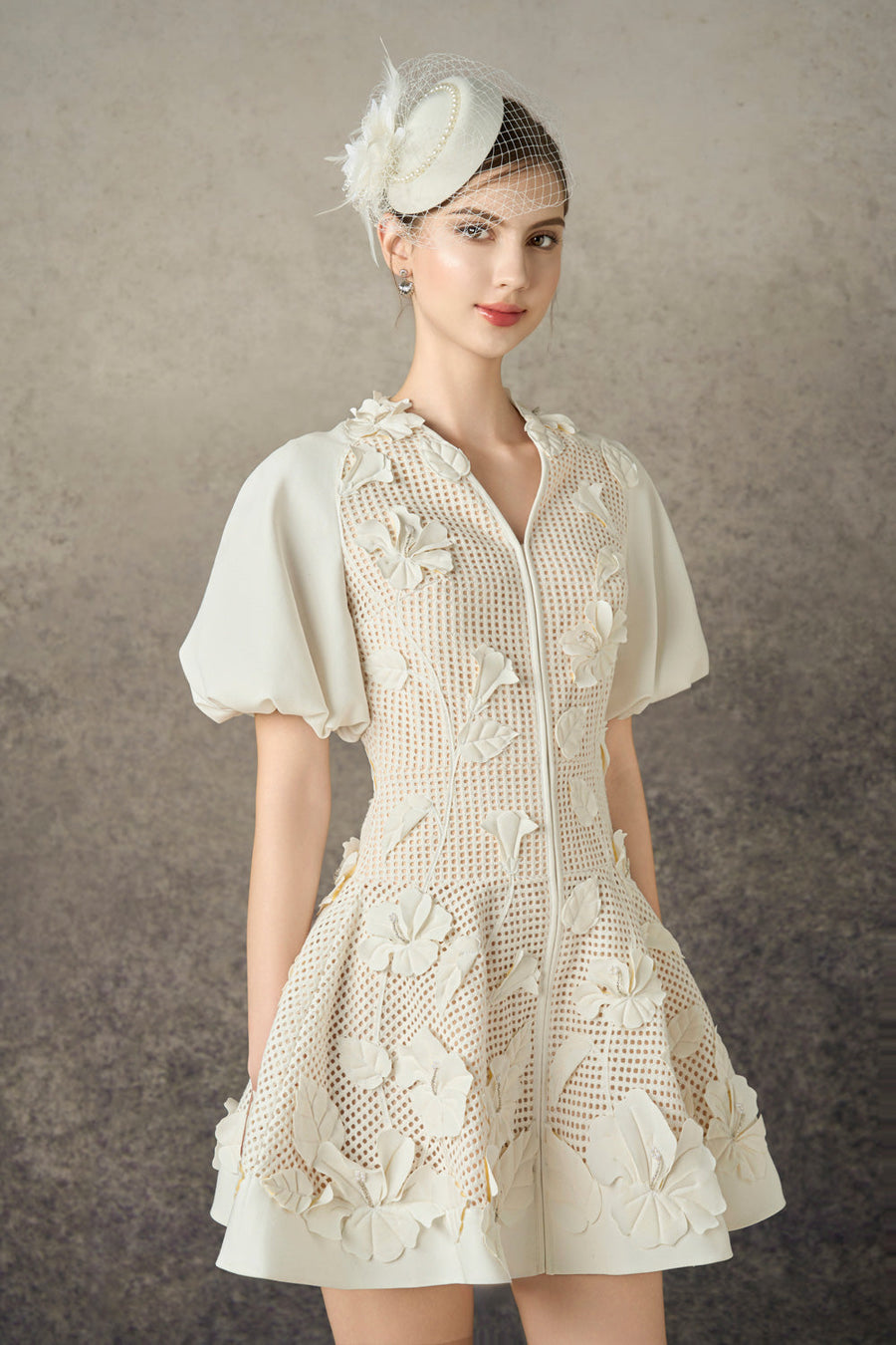 Caedia A-line Puffy Sleeved Mesh Lace Mini Dress 2