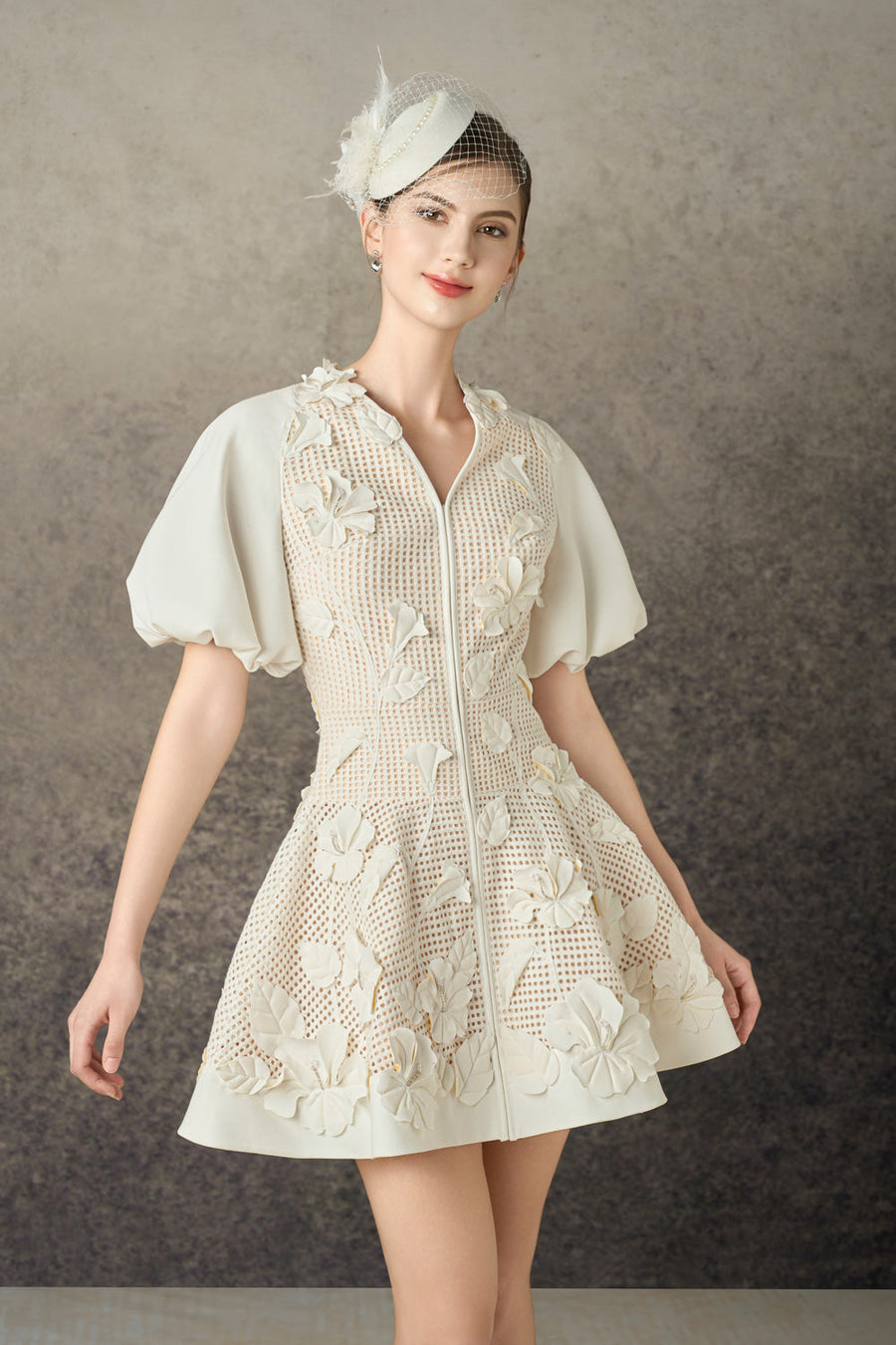 Caedia A-line Puffy Sleeved Mesh Lace Mini Dress 3