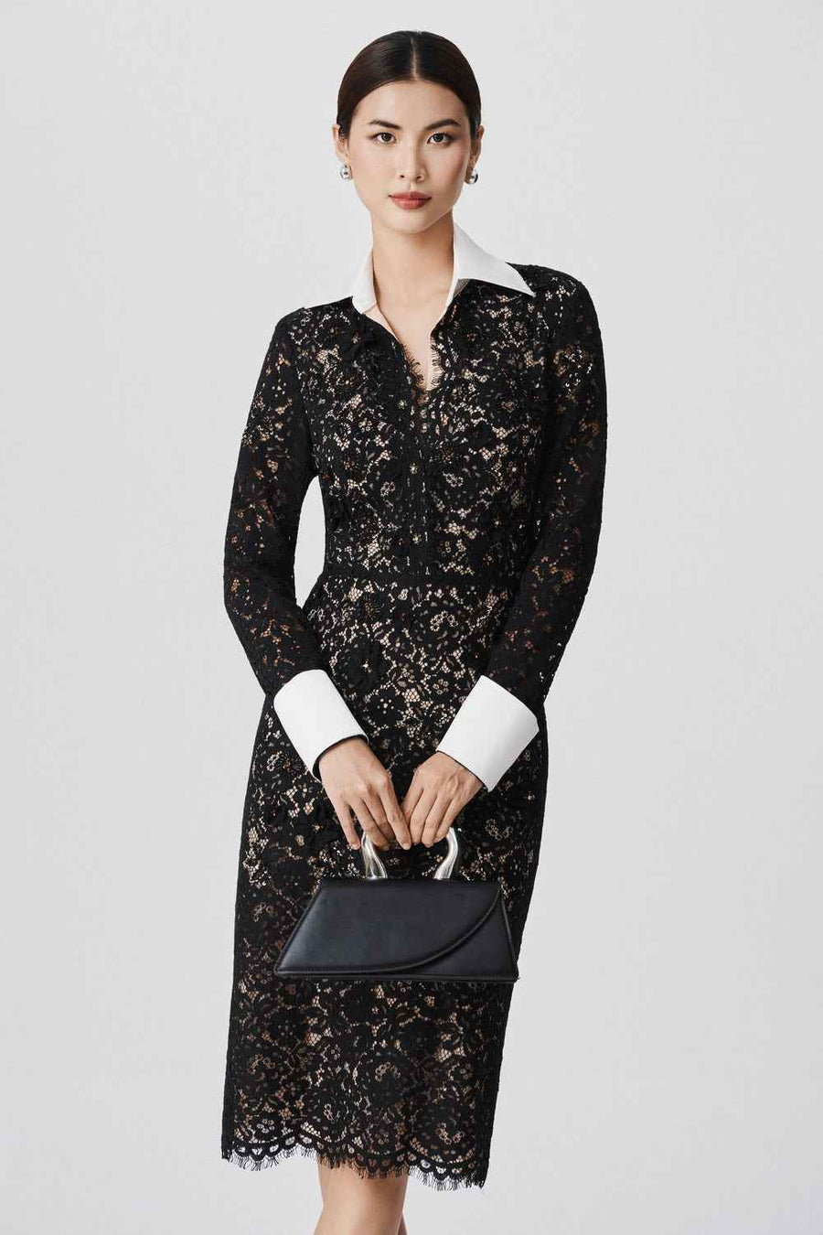 Fallon Sheath Cuff Sleeved Lace Midi Dress