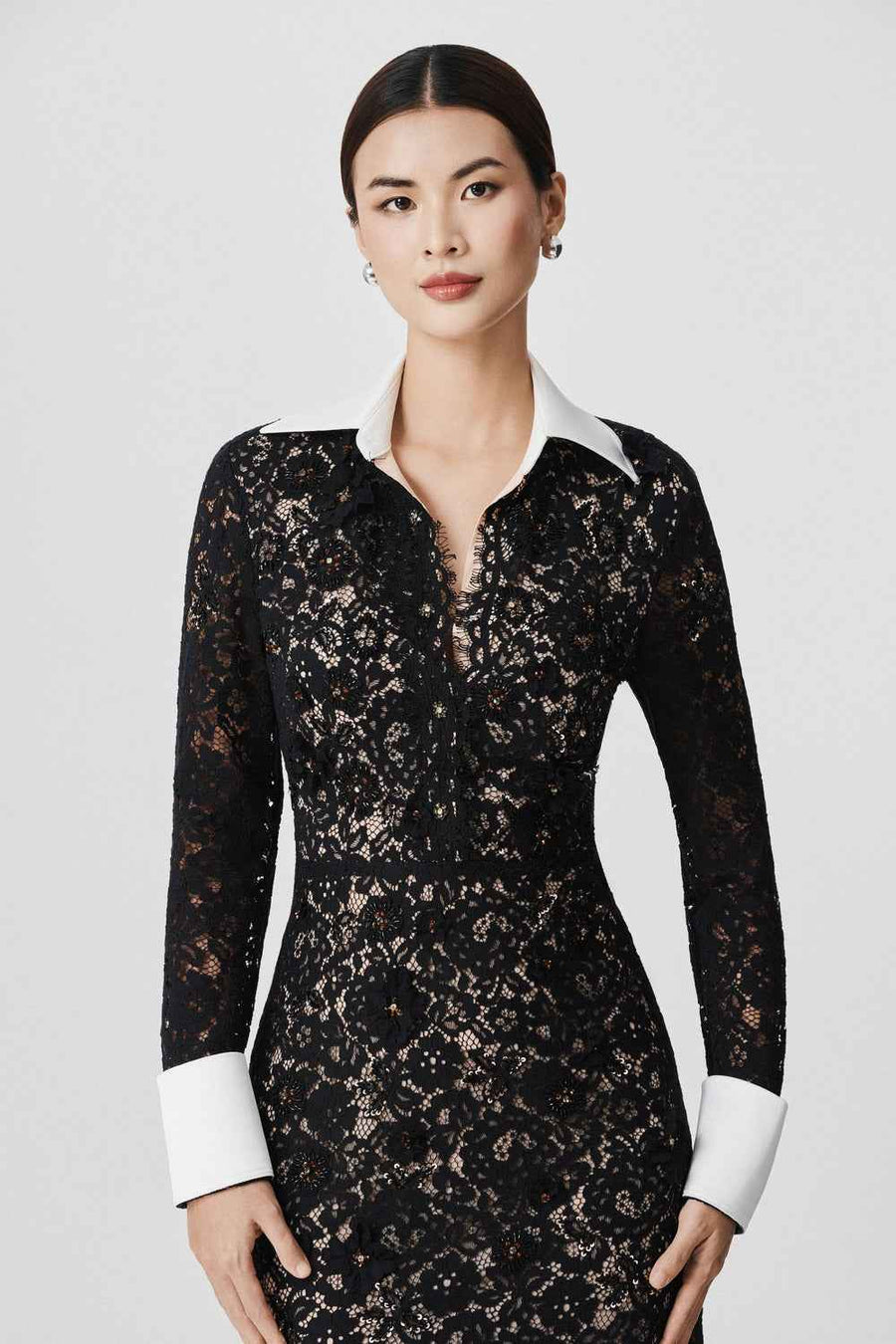 Fallon Sheath Cuff Sleeved Lace Midi Dress