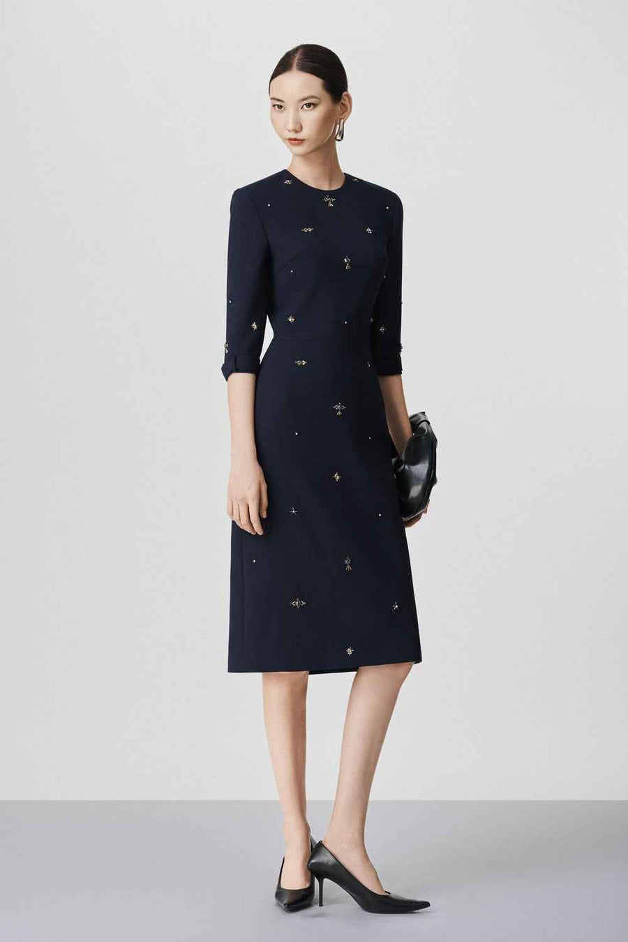 Halle Sheath Round Neck Wool Midi Dress