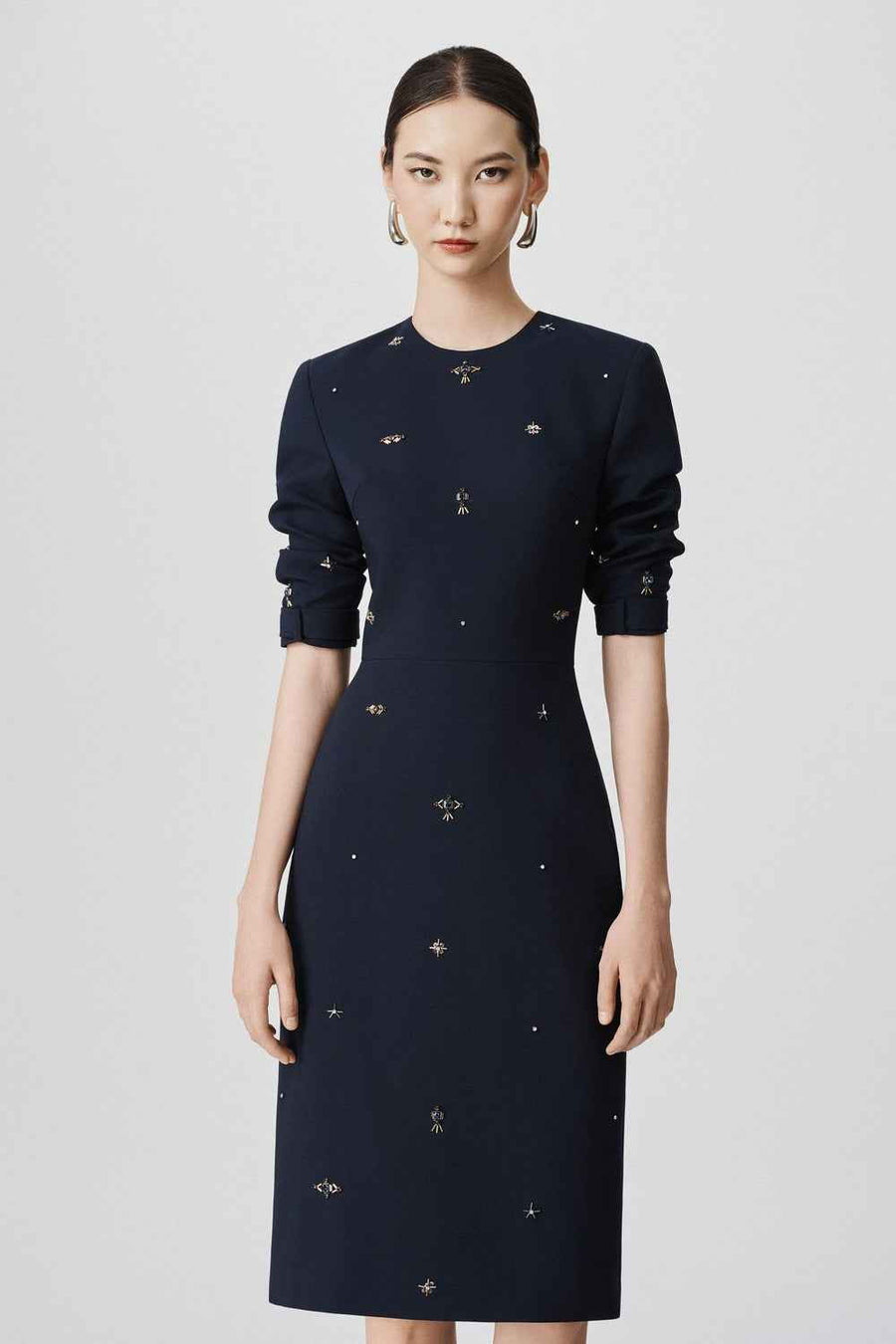 Halle Sheath Round Neck Wool Midi Dress