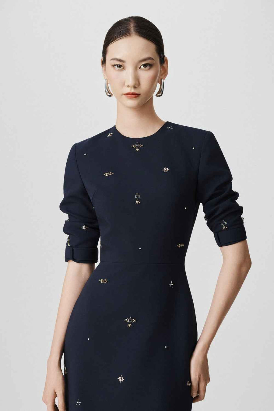 Halle Sheath Round Neck Wool Midi Dress