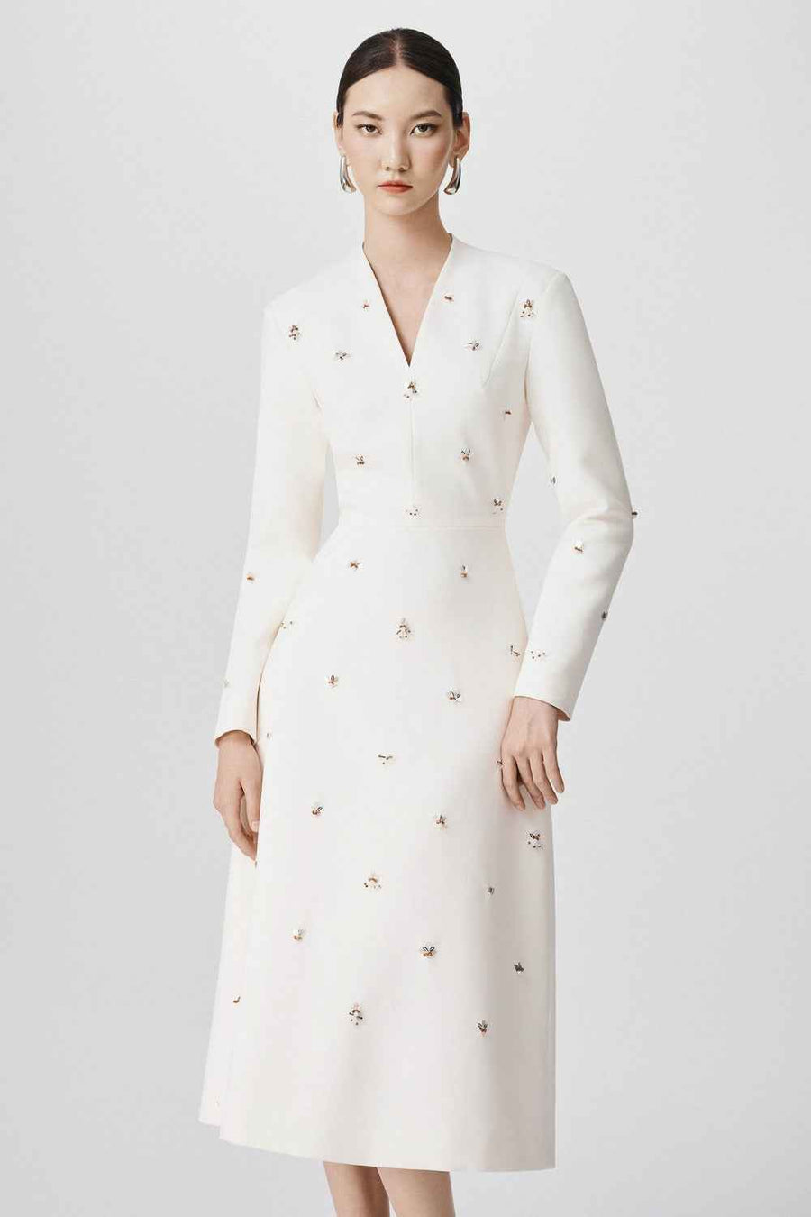 Estrella A-line V-Neck Wool Calf Length Dress