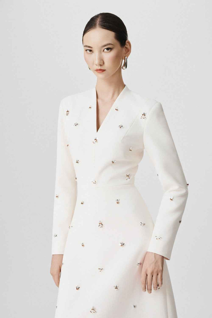 Estrella A-line V-Neck Wool Calf Length Dress