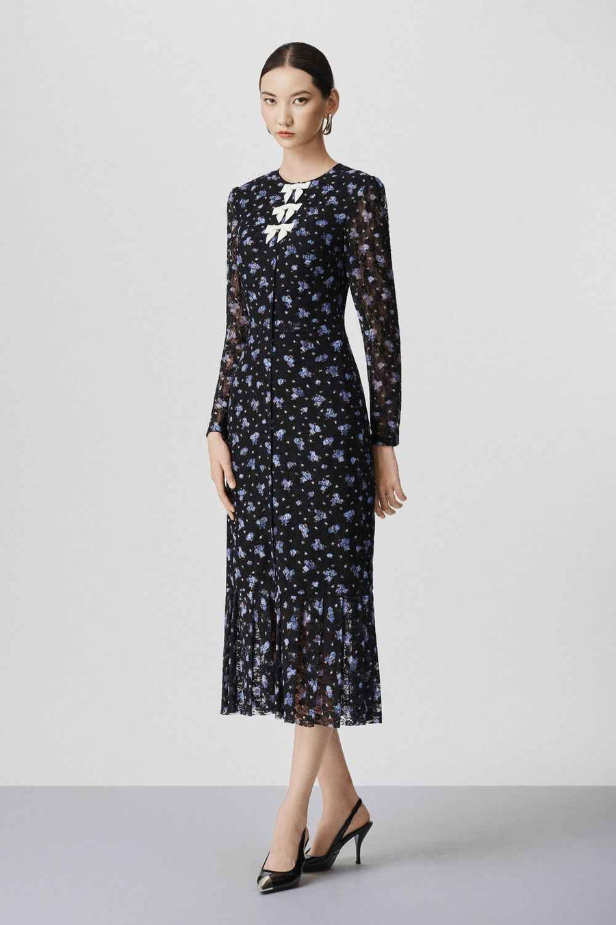Theodora Drop Waist Round Neck Lace Calf Length Dress