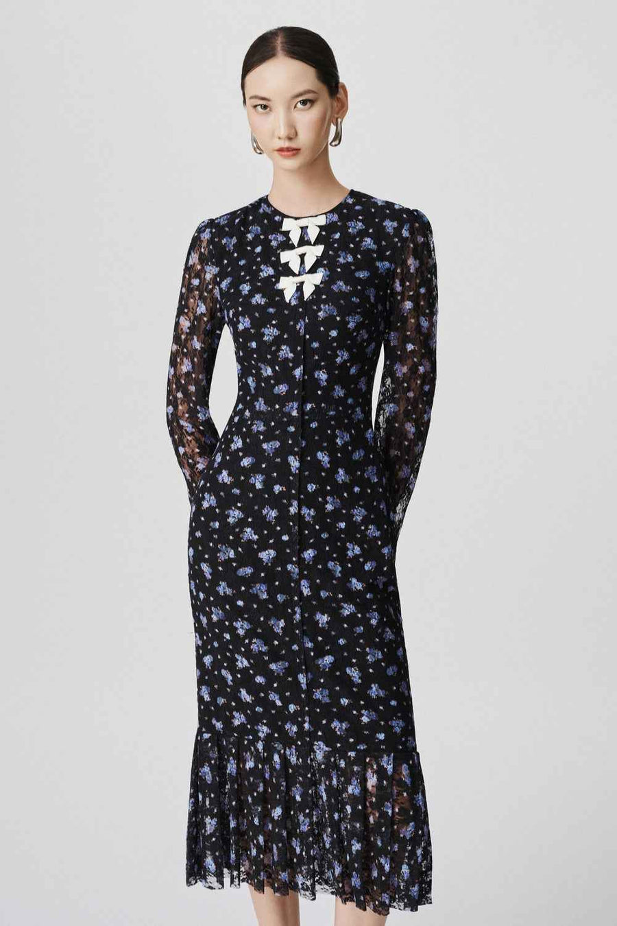 Theodora Drop Waist Round Neck Lace Calf Length Dress