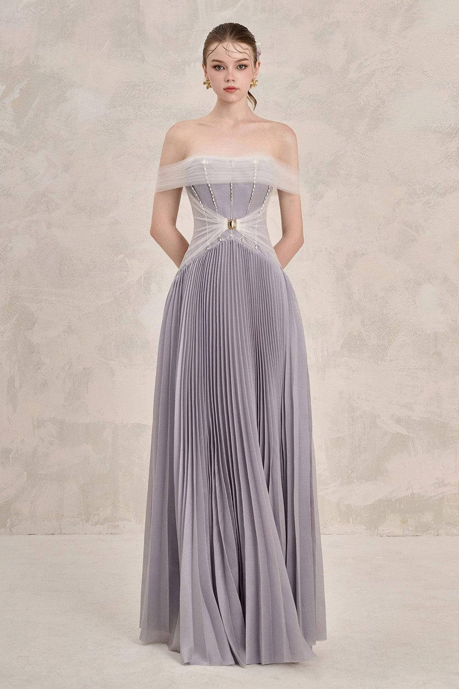 Riona Pleated Off-Shoulder Silk Floor Length Dress Gown Dress LINH PHUNG