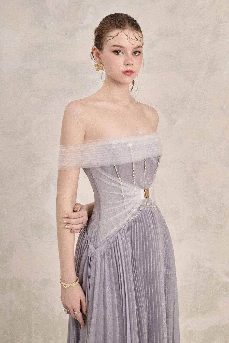 Riona Pleated Off-Shoulder Silk Floor Length Dress Gown Dress LINH PHUNG