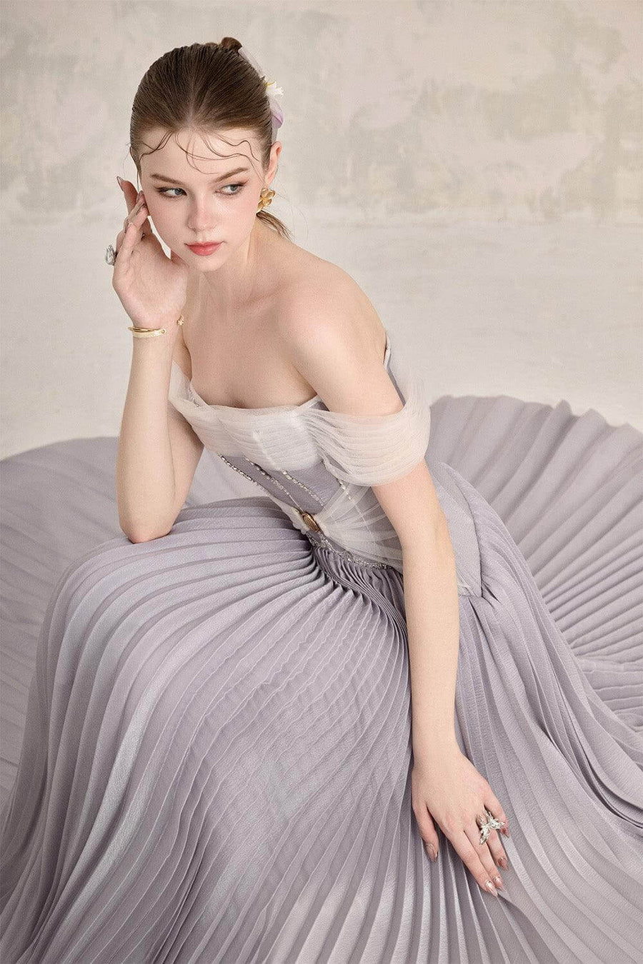 Riona Pleated Off-Shoulder Silk Floor Length Dress Gown Dress LINH PHUNG