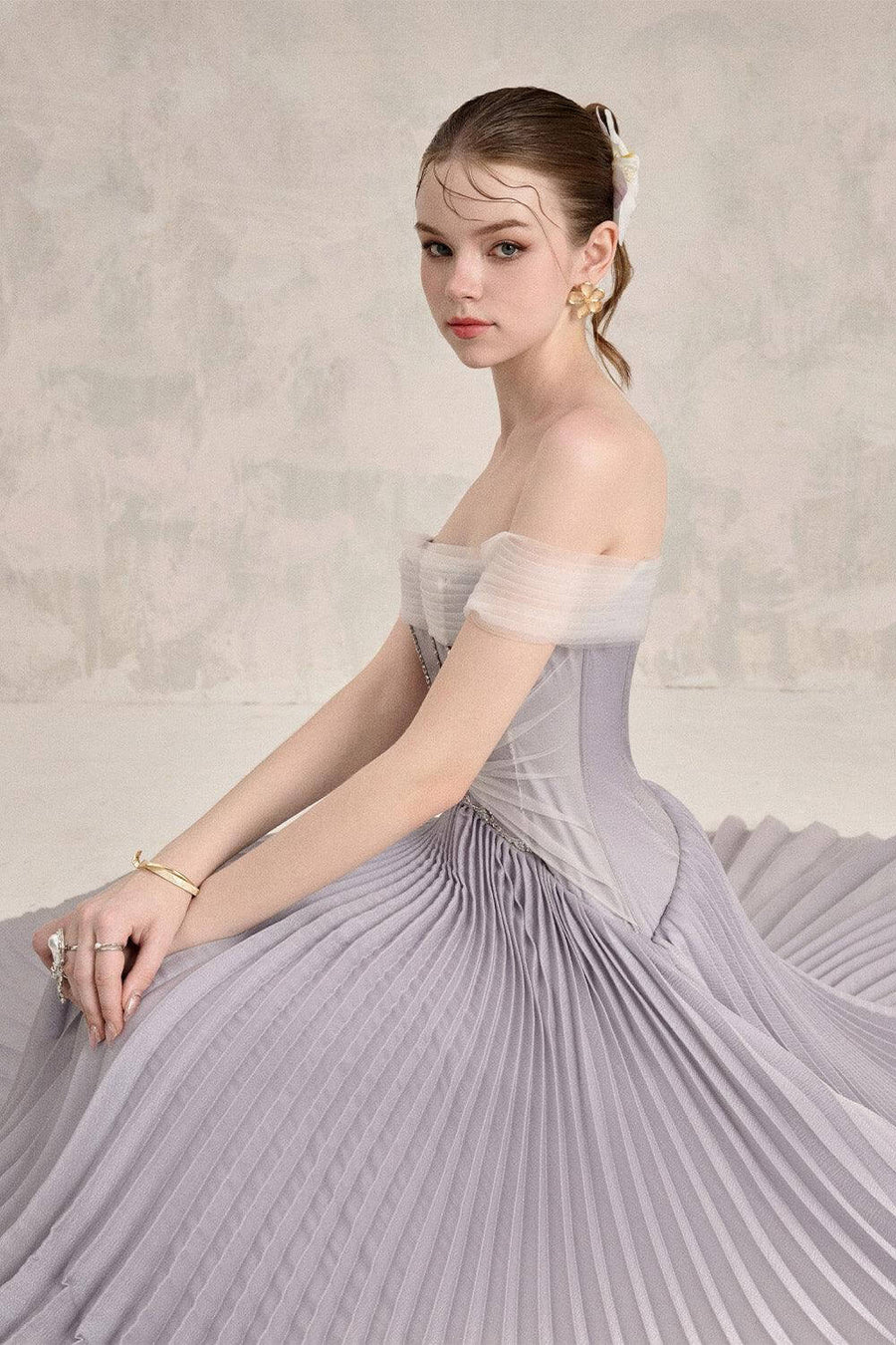 Riona Pleated Off-Shoulder Silk Floor Length Dress Gown Dress LINH PHUNG
